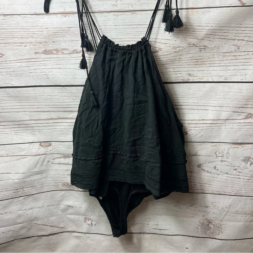 🔥Hp🔥Nwt Free People Intimately Black Trust Me Bodysuit Ruffle Tassel Top Small